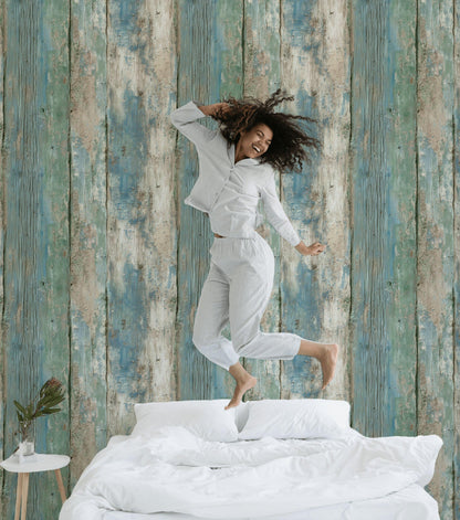 Coastal Blue Wood Plank Wallpaper: Shabby Chic Peel and Stick Mural
