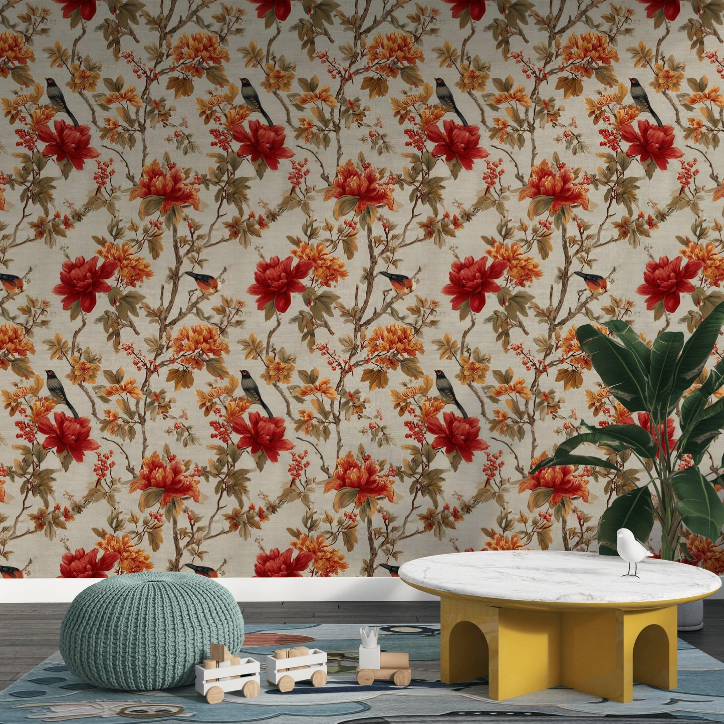 Chinoiserie Peel and Stick Wallpaper Mural: Bird & Floral Wall Decor