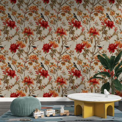 Chinoiserie Peel and Stick Wallpaper Mural: Bird & Floral Wall Decor