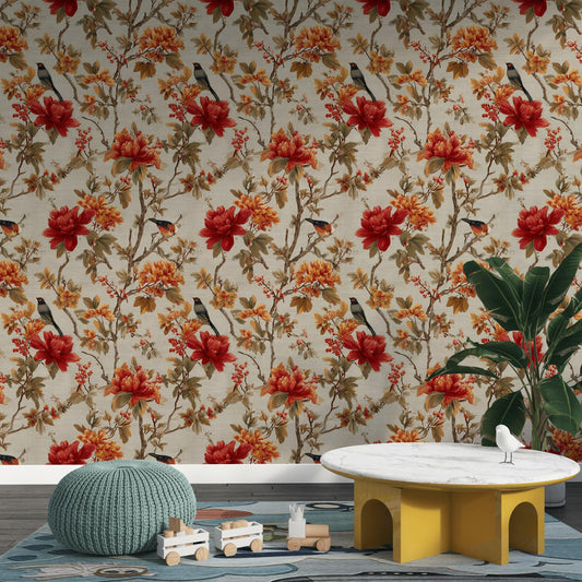 Chinoiserie Peel and Stick Wallpaper Mural: Bird & Floral Wall Decor