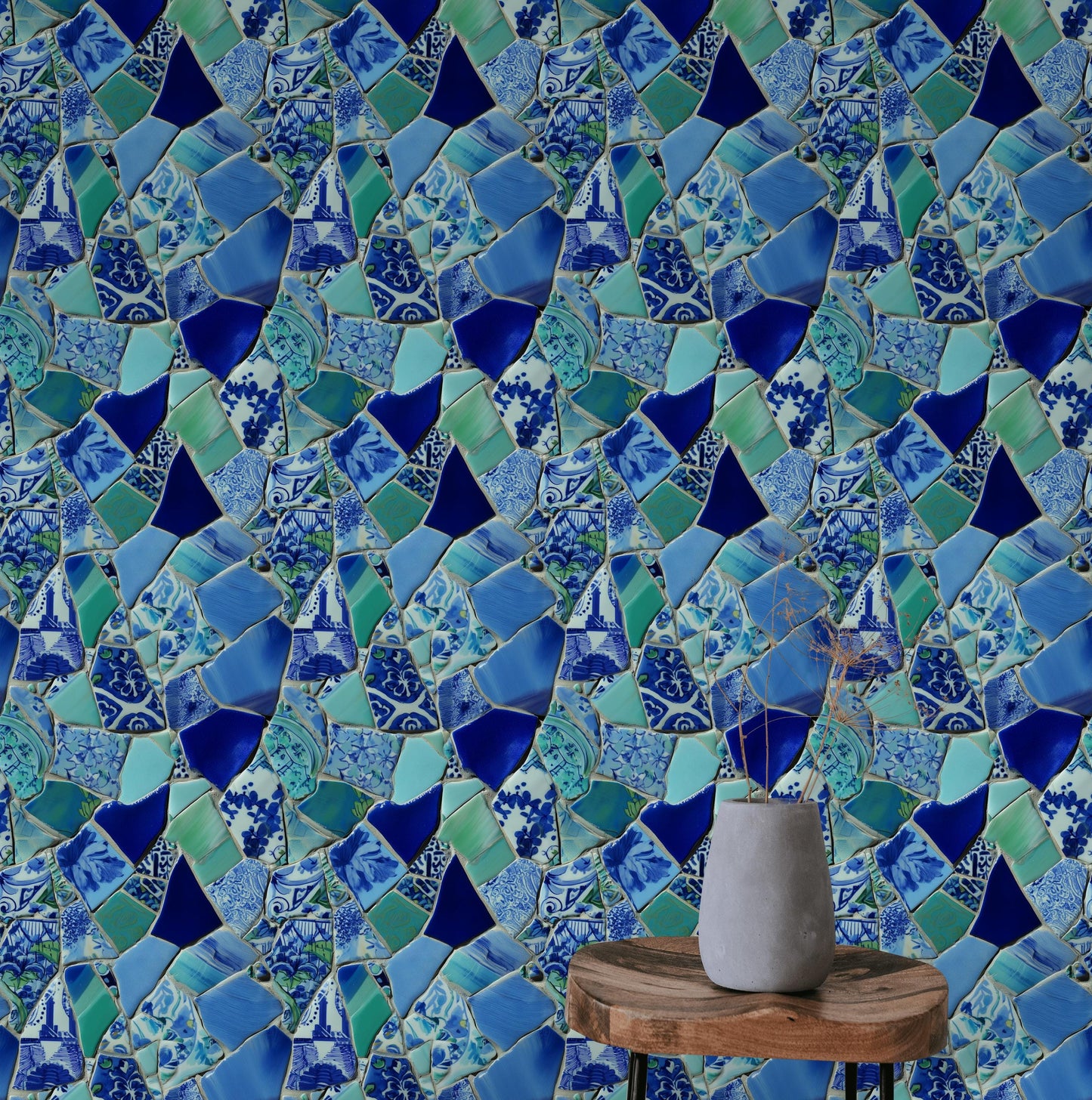 Blue Broken Ceramic Mosaic Wallpaper, Chinoiserie Porcelain Peel & Stick or Unpasted Vertical Wall Mural