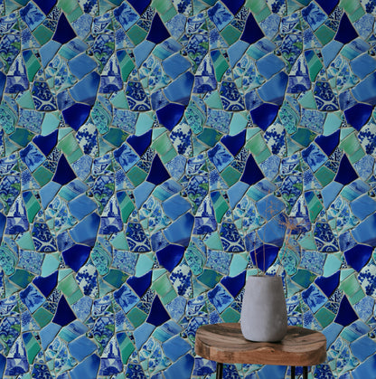 Blue Broken Ceramic Mosaic Wallpaper, Chinoiserie Porcelain Peel & Stick or Unpasted Vertical Wall Mural