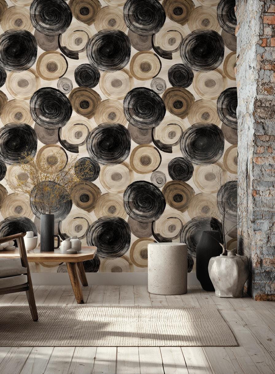 Abstract Swirl Wallpaper Mural: Black Espresso Circles, Hand-Painted Art (Peel & Stick or Unpasted)