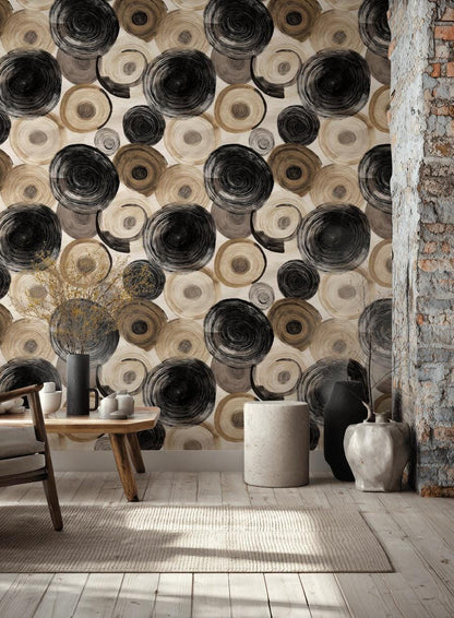 Abstract Swirl Wallpaper Mural: Black Espresso Circles, Hand-Painted Art (Peel & Stick or Unpasted)