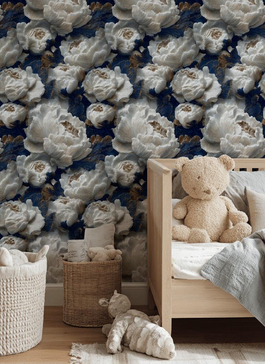 Textured Peony Flower Wallpaper: Navy Blue & Gold Glam Mural