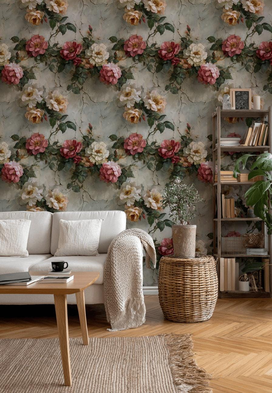 Rose Mural Wallpaper: Shabby Chic Crackle Effect (Peel & Stick)
