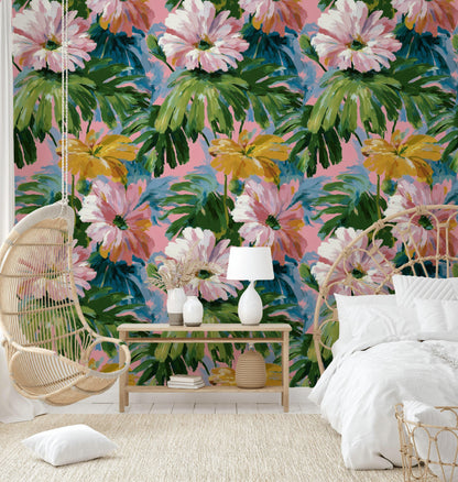 Tropical Floral Wallpaper: Impressionist Pink & Green Peel and Stick Mural
