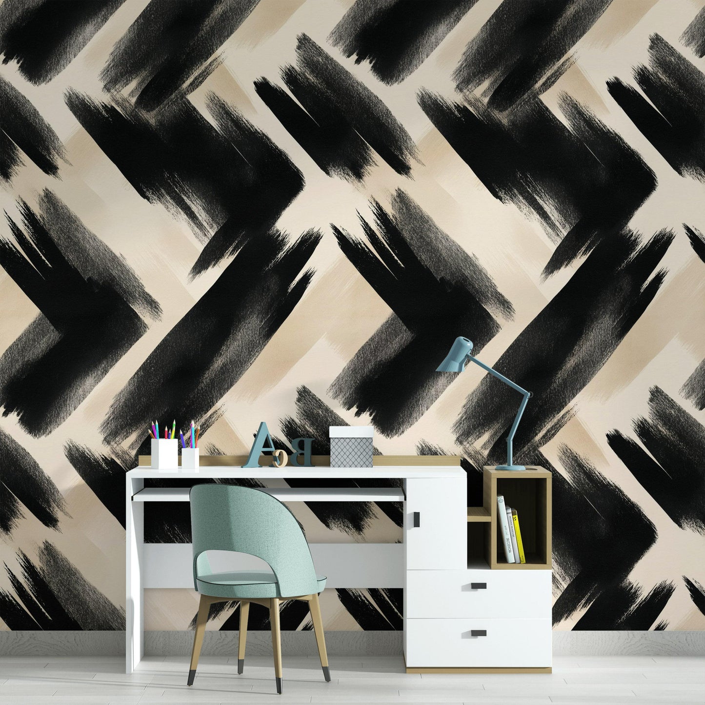 Abstract Brush Stroke Wallpaper | Modern Black White Wall Mural | Artistic Peel and Stick Decor