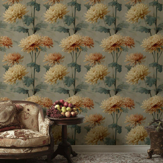 Vintage Chrysanthemum Wallpaper: Old World Floral Mural, Peel & Stick or Unpasted