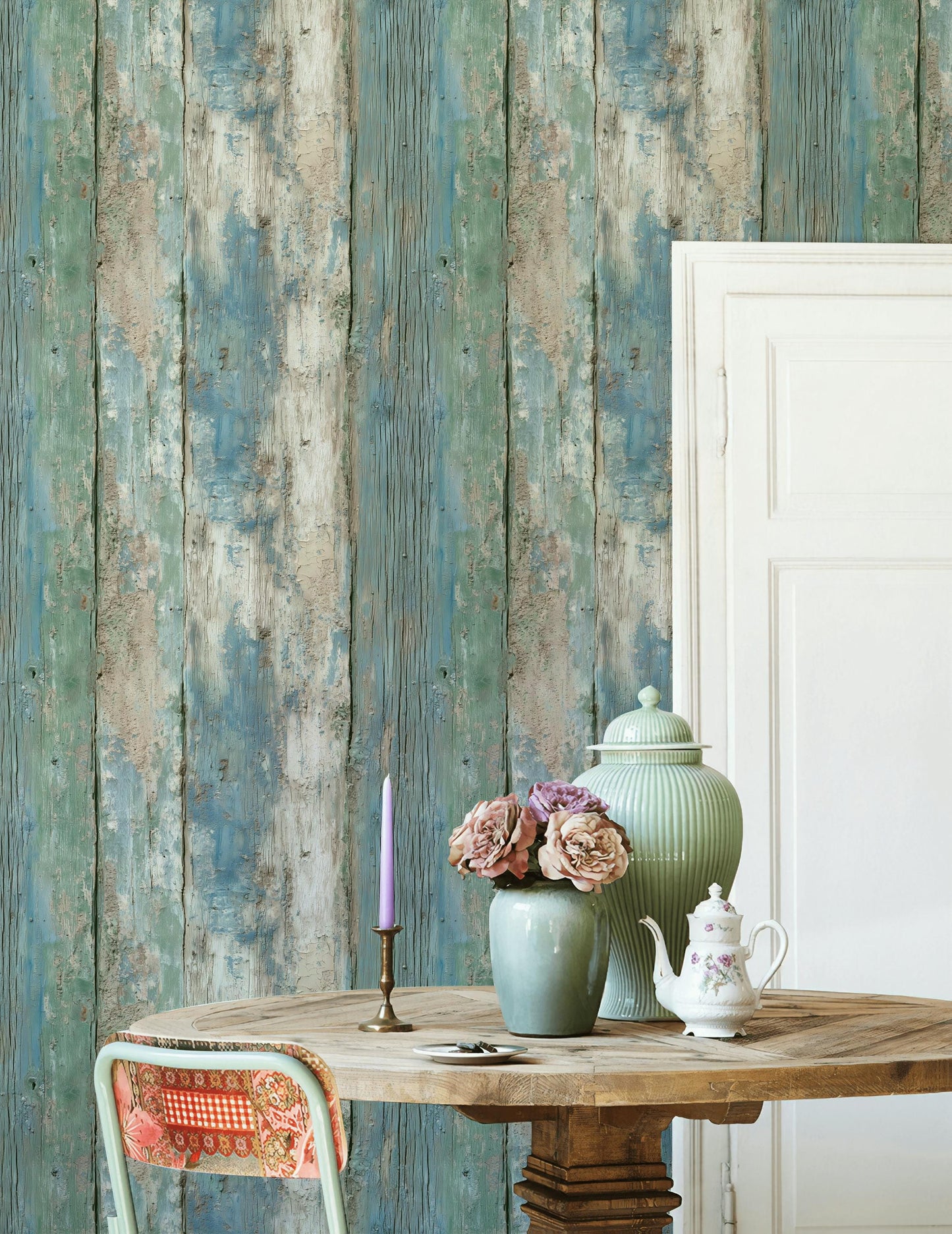 Coastal Blue Wood Plank Wallpaper: Shabby Chic Peel and Stick Mural