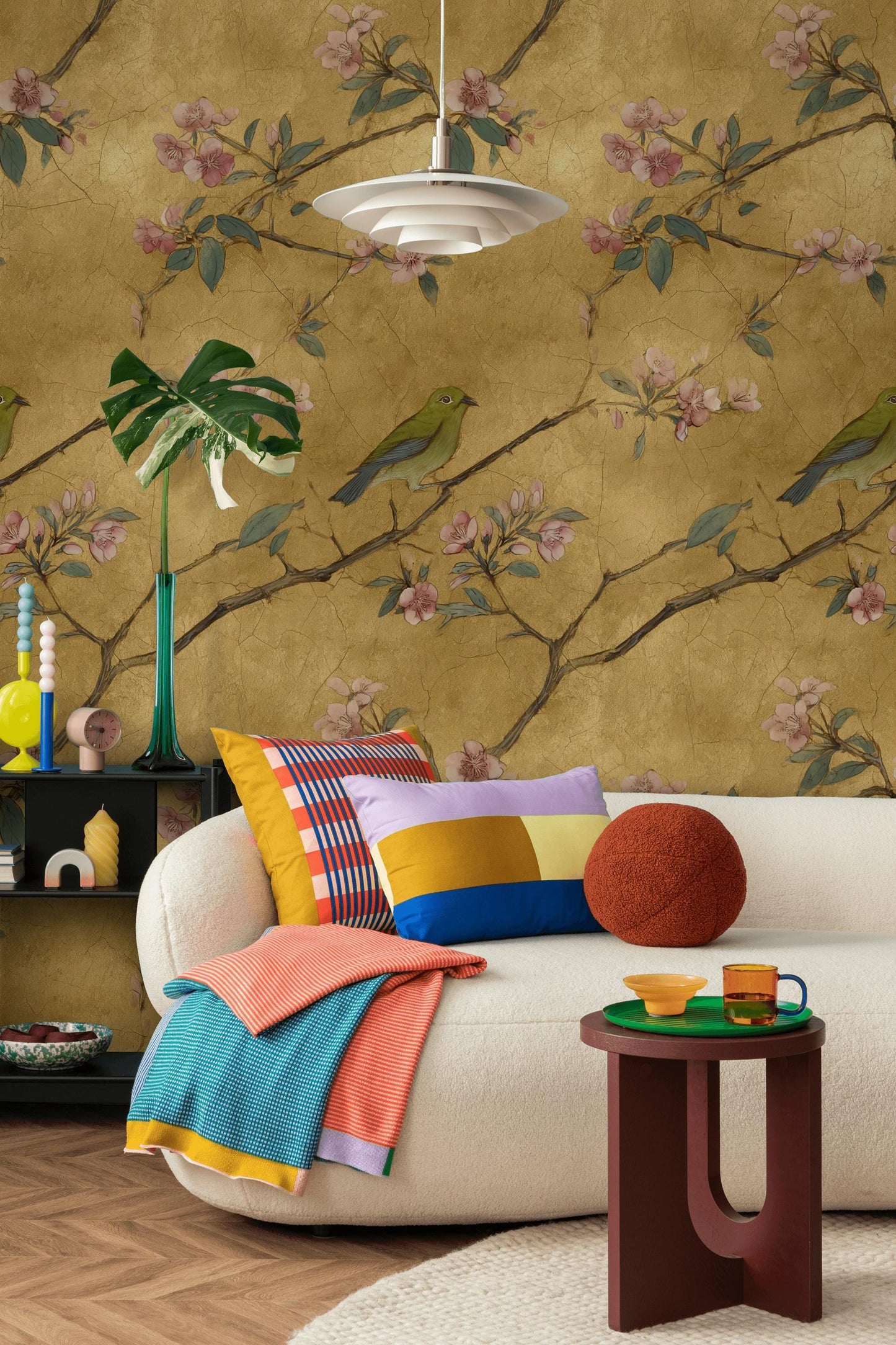 Chinoiserie Gold Leaf Wallpaper: Bird & Cherry Blossom Peel and Stick Mural