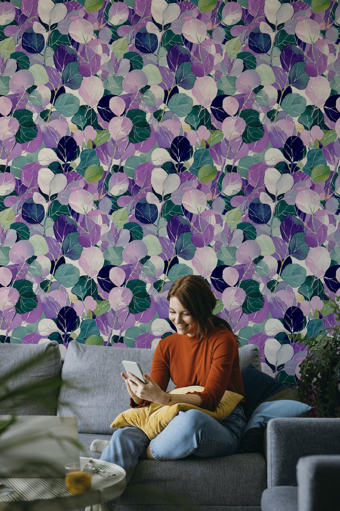 Watercolor Leaf Peel and Stick Wallpaper: Purple Green Botanical Wall Mural