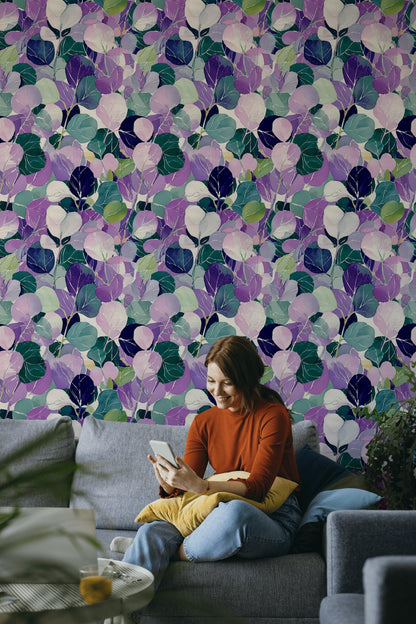 Watercolor Leaf Peel and Stick Wallpaper: Purple Green Botanical Wall Mural