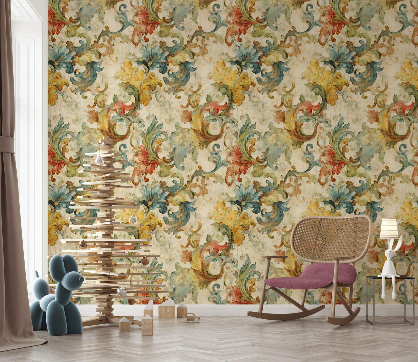 Baroque Scroll Wallpaper, Distressed Pastel Floral Mural, Peel & Stick or Unpasted Vintage Panel