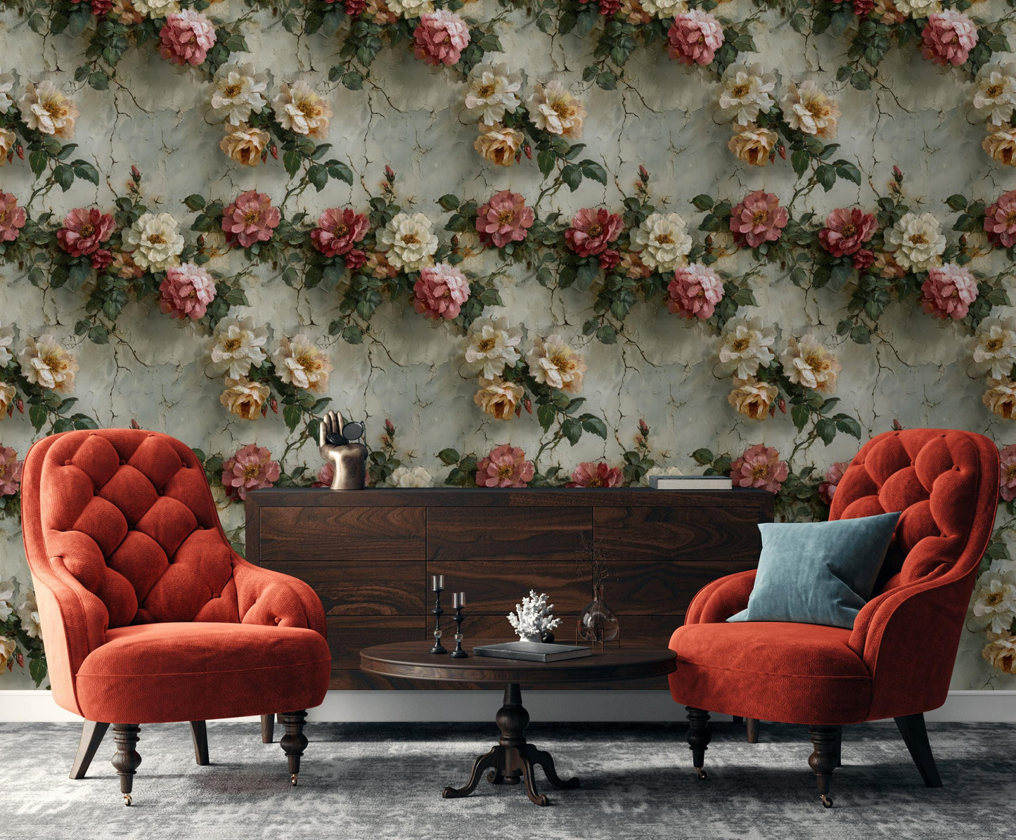 Rose Mural Wallpaper: Shabby Chic Crackle Effect (Peel & Stick)