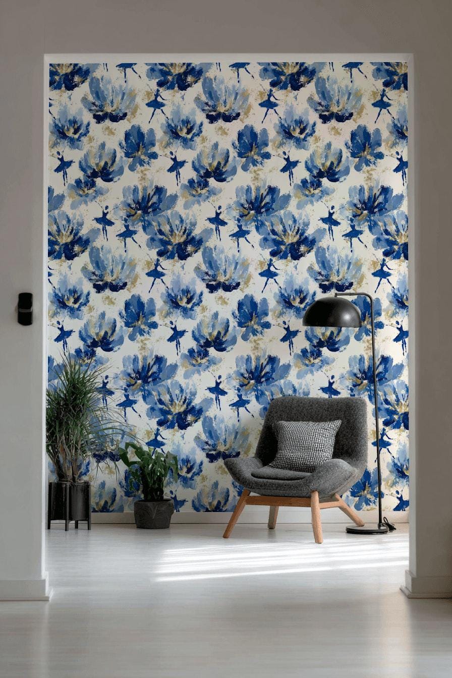 Blue Ballerina Wallpaper, Gold Accented Abstract Floral Mural, Peel & Stick or Unpasted Vertical Panel