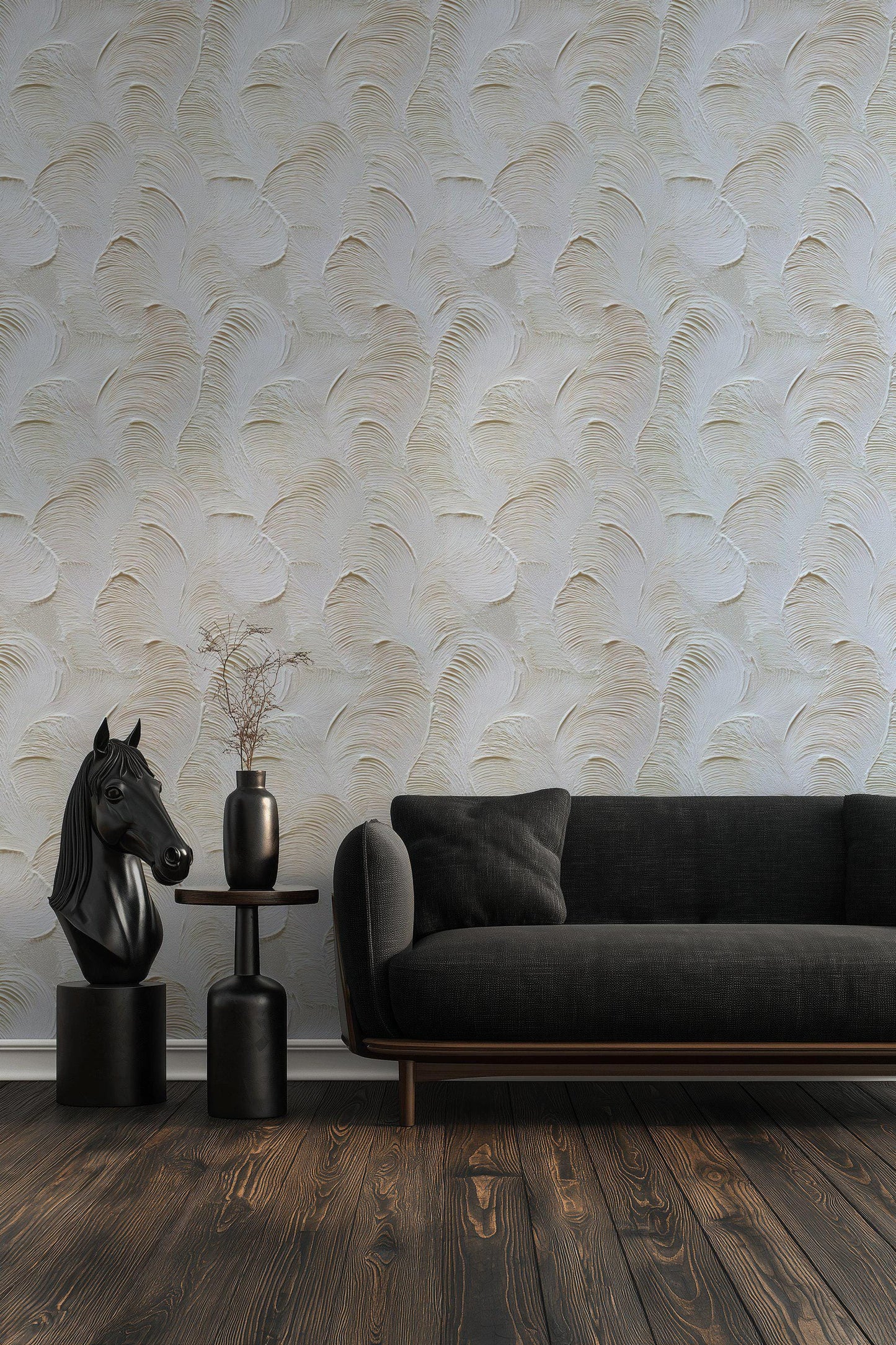 Artisan Faux Stucco Wallpaper, Off-White Fan Texture Peel & Stick Mural, Minimalist Vertical Panel