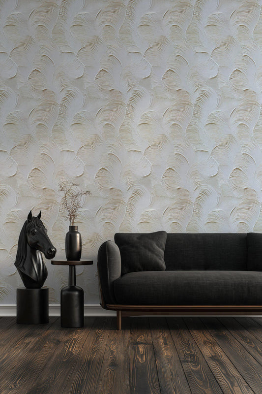 Artisan Faux Stucco Wallpaper, Off-White Fan Texture Peel & Stick Mural, Minimalist Vertical Panel
