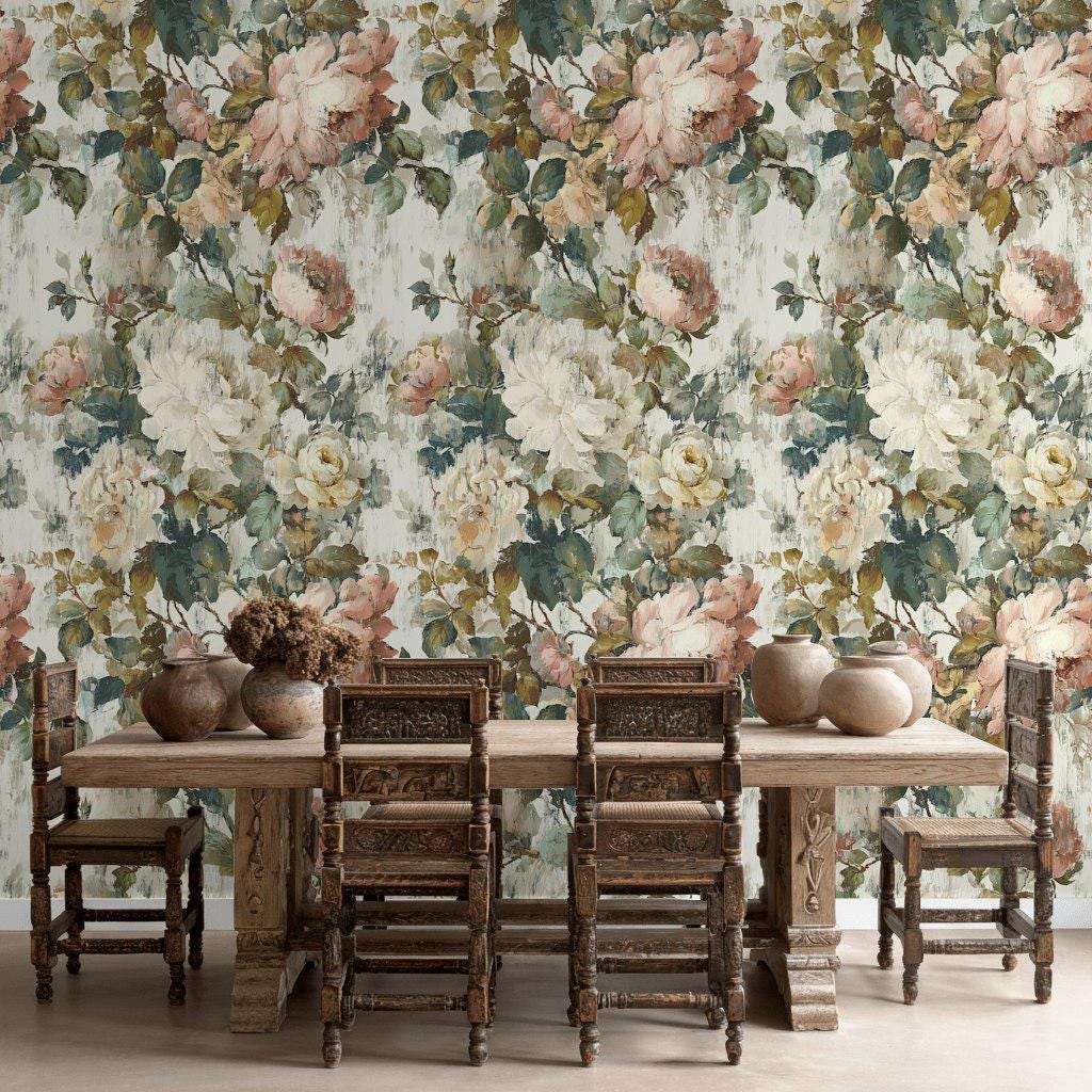 Vintage Floral Rose Wallpaper: Shabby Chic Peel and Stick Wall Mural