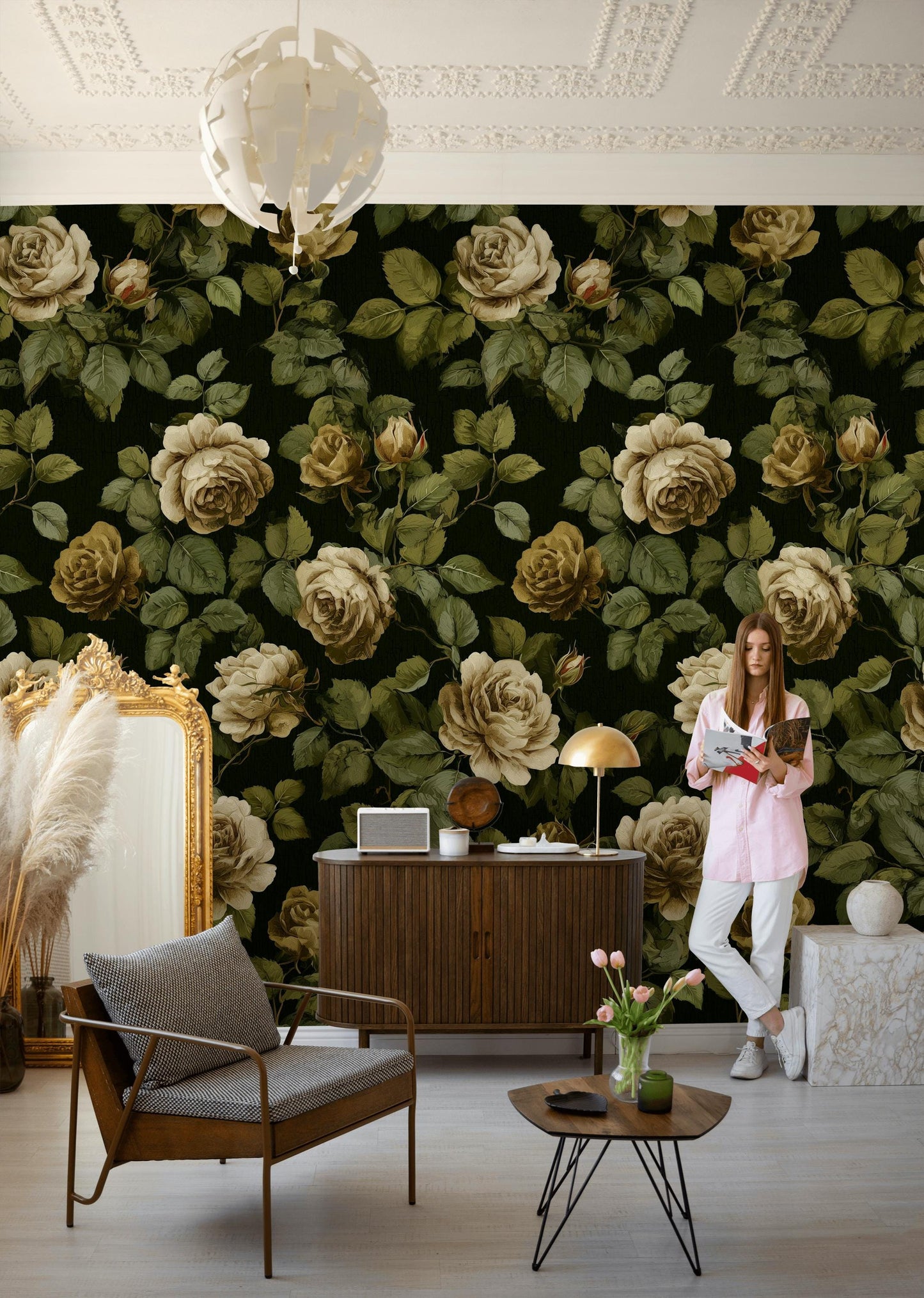 Dark Floral Wallpaper Mural: Vintage Roses, Peel and Stick