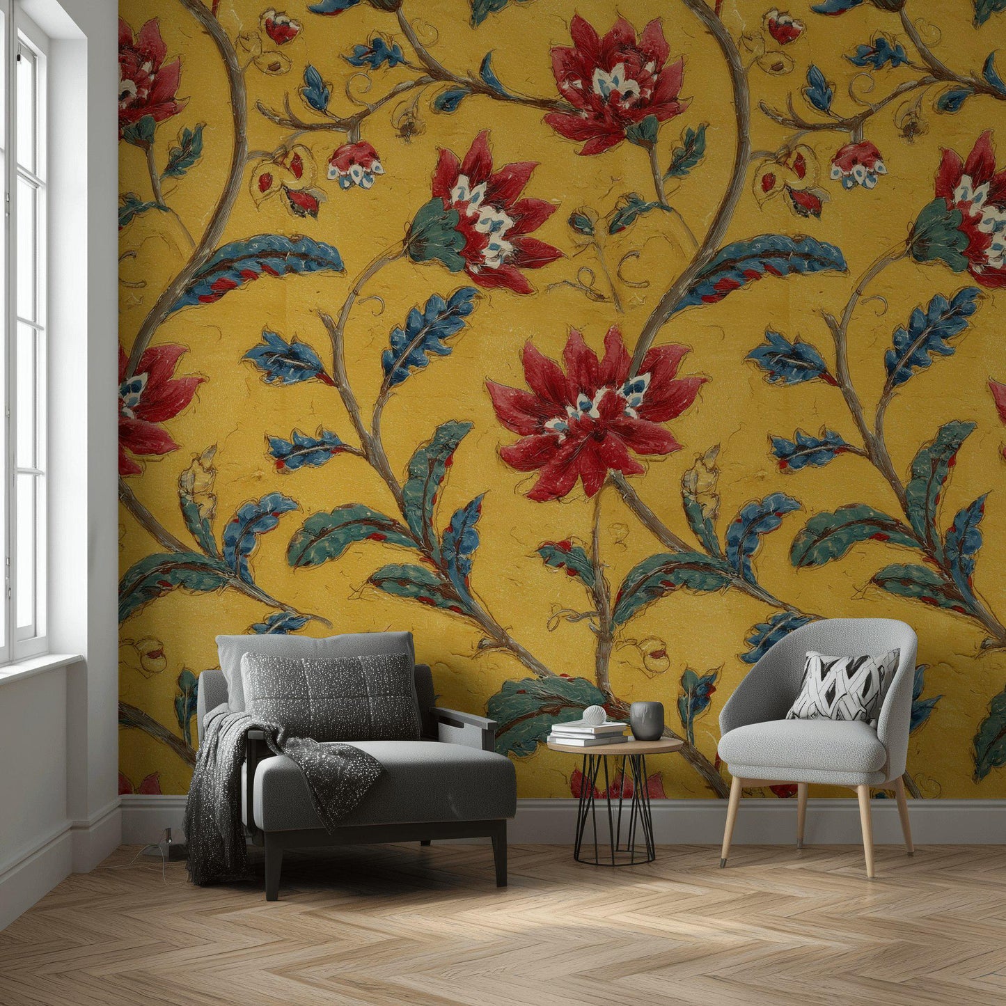 Vintage Floral Wallpaper Mural: Yellow, Red & Blue Botanical Peel and Stick