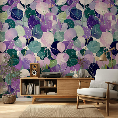 Watercolor Leaf Peel and Stick Wallpaper: Purple Green Botanical Wall Mural