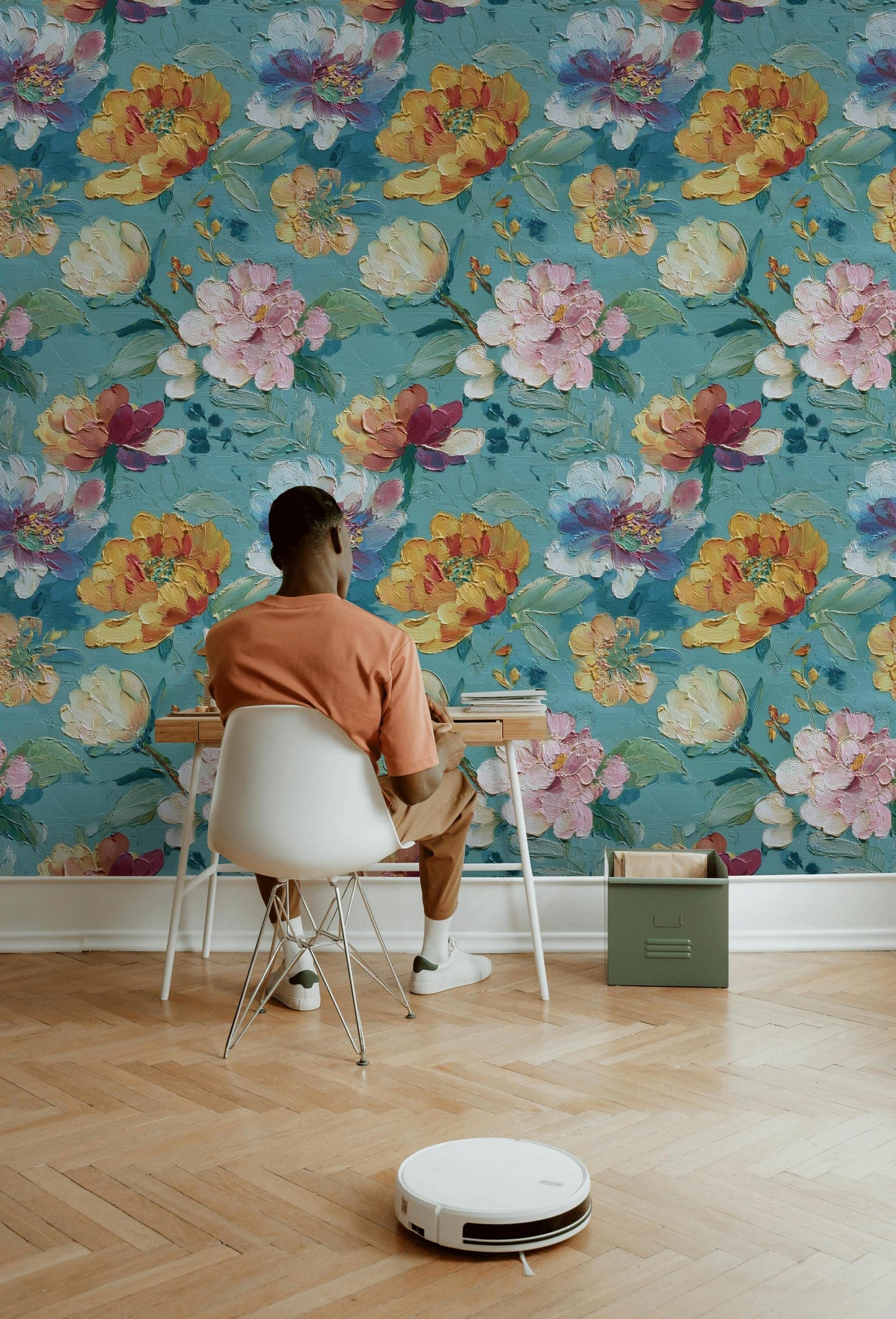 Textured Floral Wallpaper, Impasto Style Wall Mural, Turquoise and Pink Peel and Stick Art