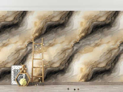 Abstract Gold Marble Wallpaper | Neutral Fluid Art Wall Mural | Modern Peel and Stick Decor