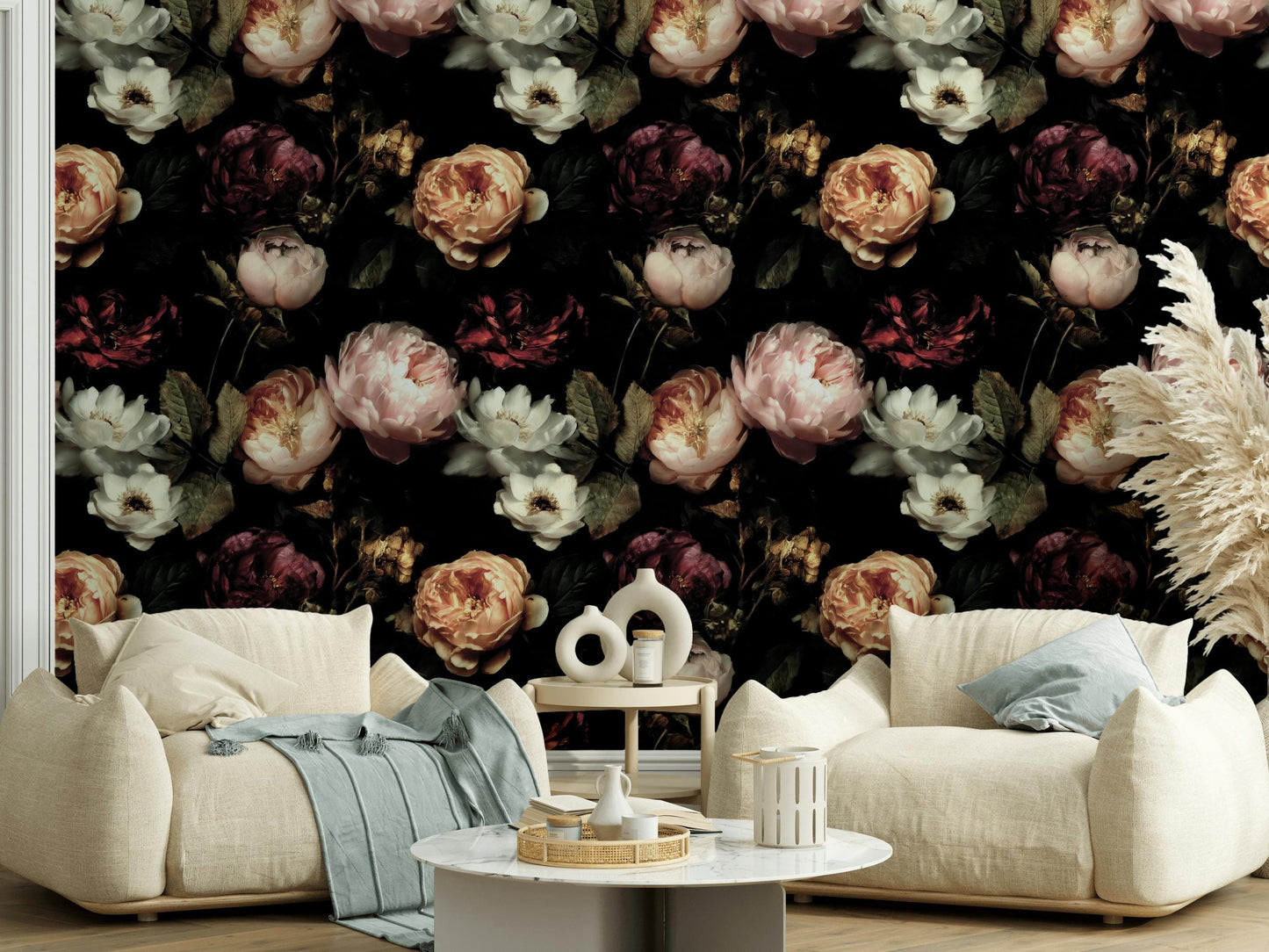 Dark Floral Wallpaper, Gothic Peony Rose Vertical Mural, Black Background Peel & Stick or Unpasted Panel
