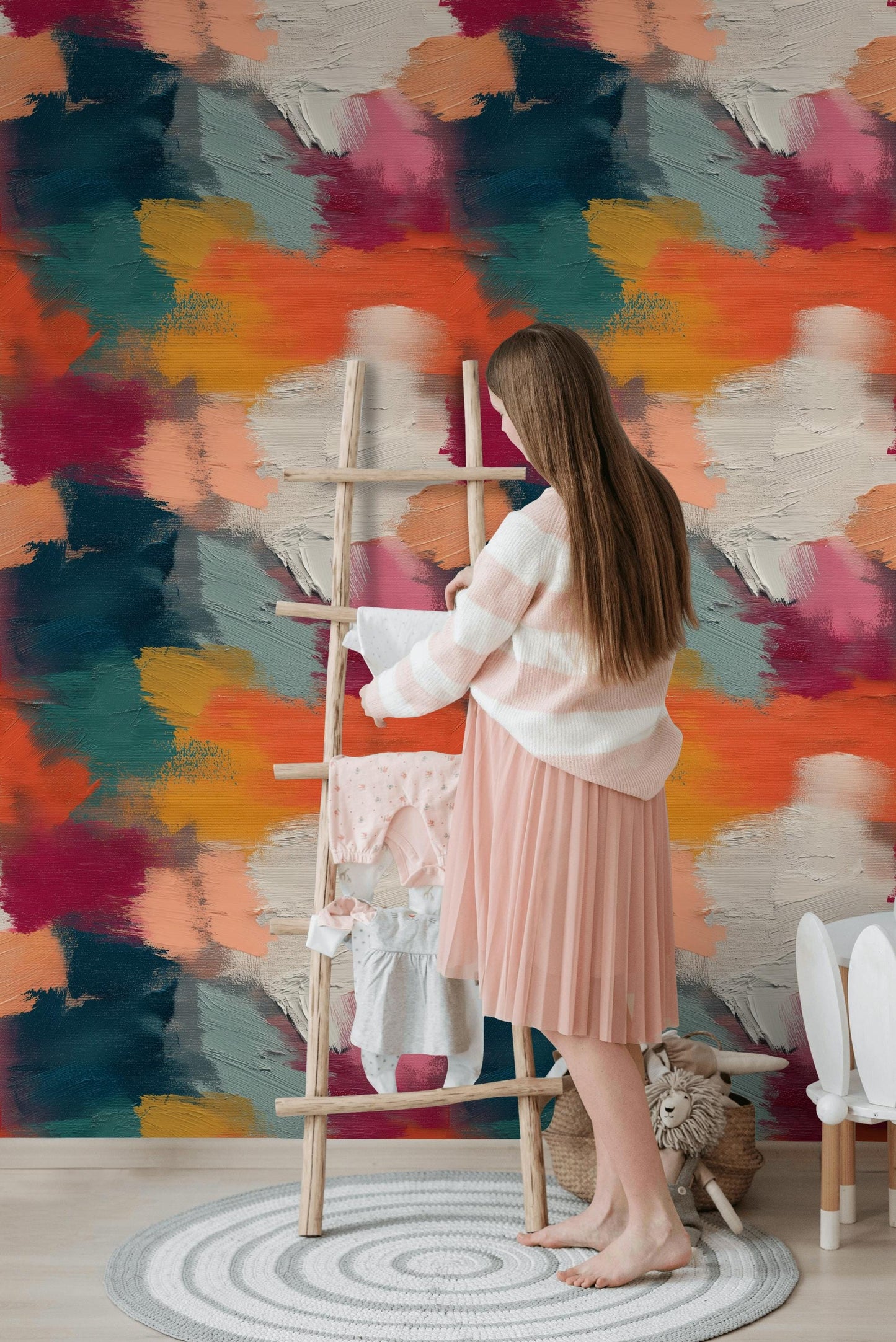 Abstract Bold Brushstroke Wallpaper | Textured Multi-Color Wall Mural | Modern Impasto Peel and Stick Decor