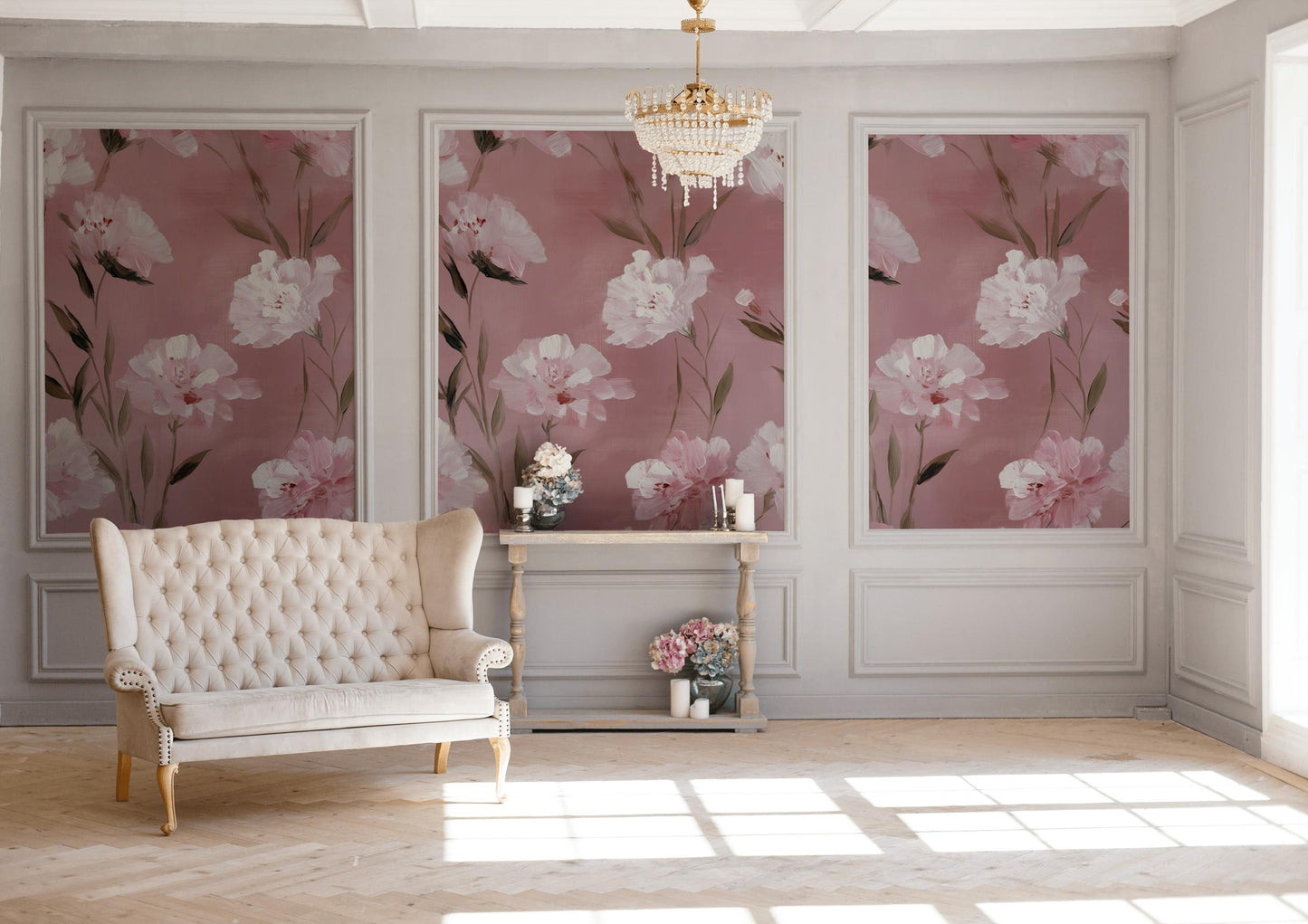 Romantic Pink Floral Wallpaper | Soft Textured Flower Wall Mural | Blush Peel and Stick Decor