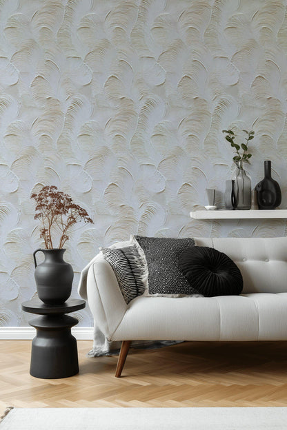Artisan Faux Stucco Wallpaper, Off-White Fan Texture Peel & Stick Mural, Minimalist Vertical Panel