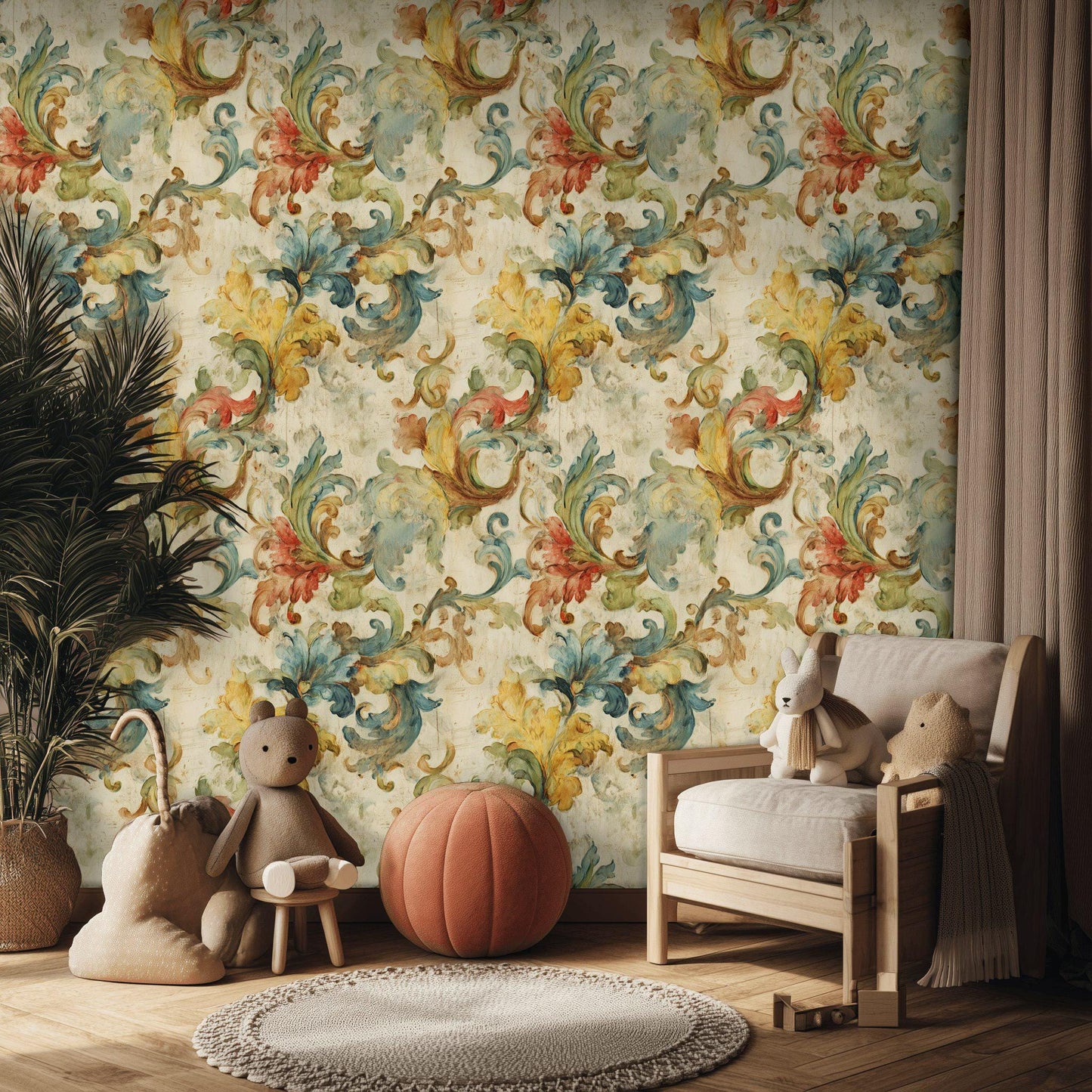 Baroque Scroll Wallpaper, Distressed Pastel Floral Mural, Peel & Stick or Unpasted Vintage Panel