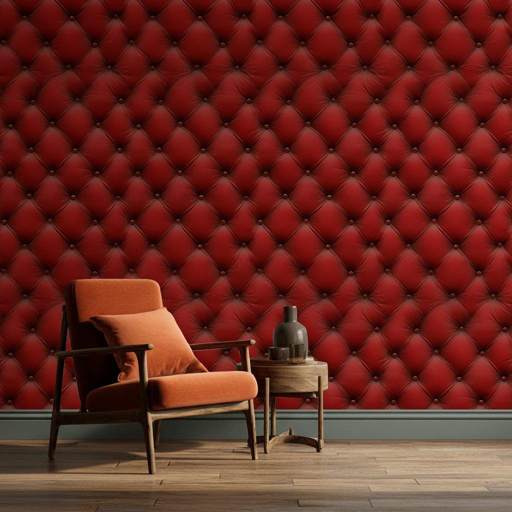 Red Tufted Texture Wallpaper, Chesterfield 3D Effect Vertical Panel, Peel & Stick or Unpasted Mural