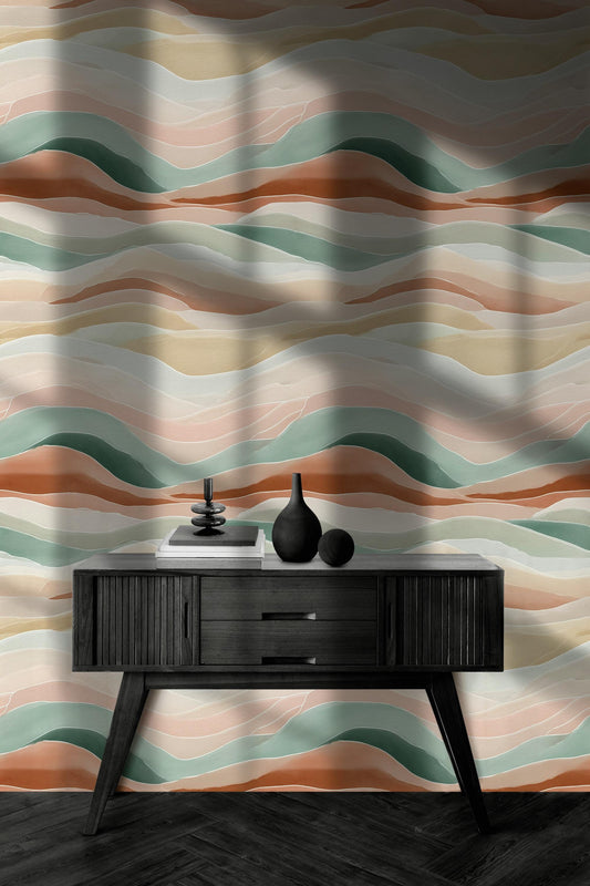 Pastel Abstract Waves Peel and Stick Wallpaper: Boho Minimalist Wall Mural