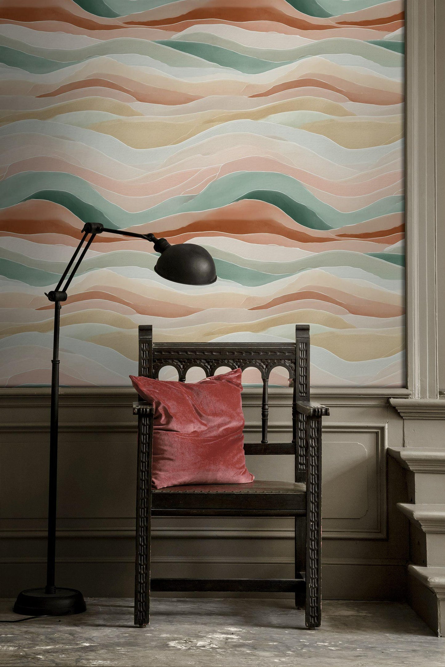 Pastel Abstract Waves Peel and Stick Wallpaper: Boho Minimalist Wall Mural