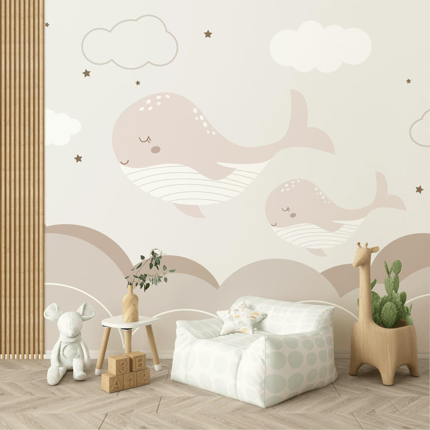 Boho Whale Nursery Wallpaper, Neutral Ocean Wall Mural, Minimalist Peel and Stick Baby Decor