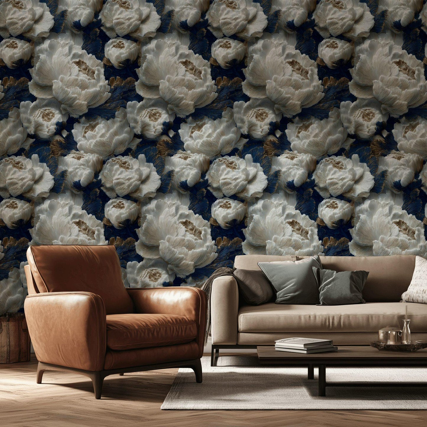 Textured Peony Flower Wallpaper: Navy Blue & Gold Glam Mural