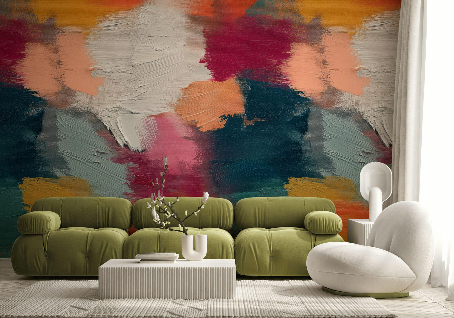 Abstract Bold Brushstroke Wallpaper | Textured Multi-Color Wall Mural | Modern Impasto Peel and Stick Decor