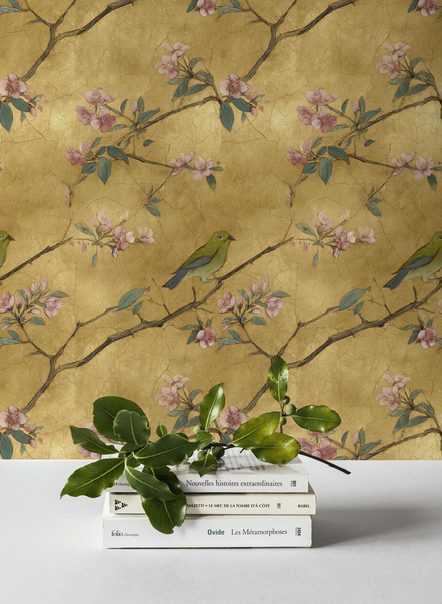 Chinoiserie Gold Leaf Wallpaper: Bird & Cherry Blossom Peel and Stick Mural