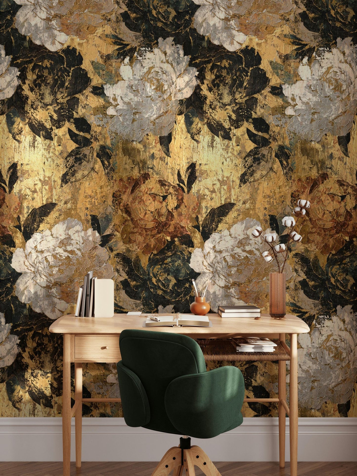 Golden Tones Floral Wallpaper | Textured Impasto Wall Mural | Luxury Botanical Peel and Stick Decor