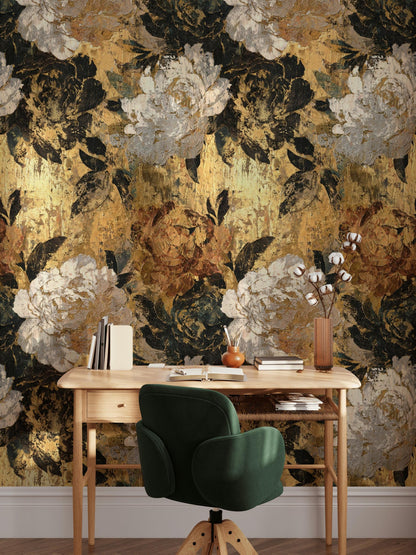Golden Tones Floral Wallpaper Textured Impasto Wall Mural Luxury Botanical Peel and Stick Decor