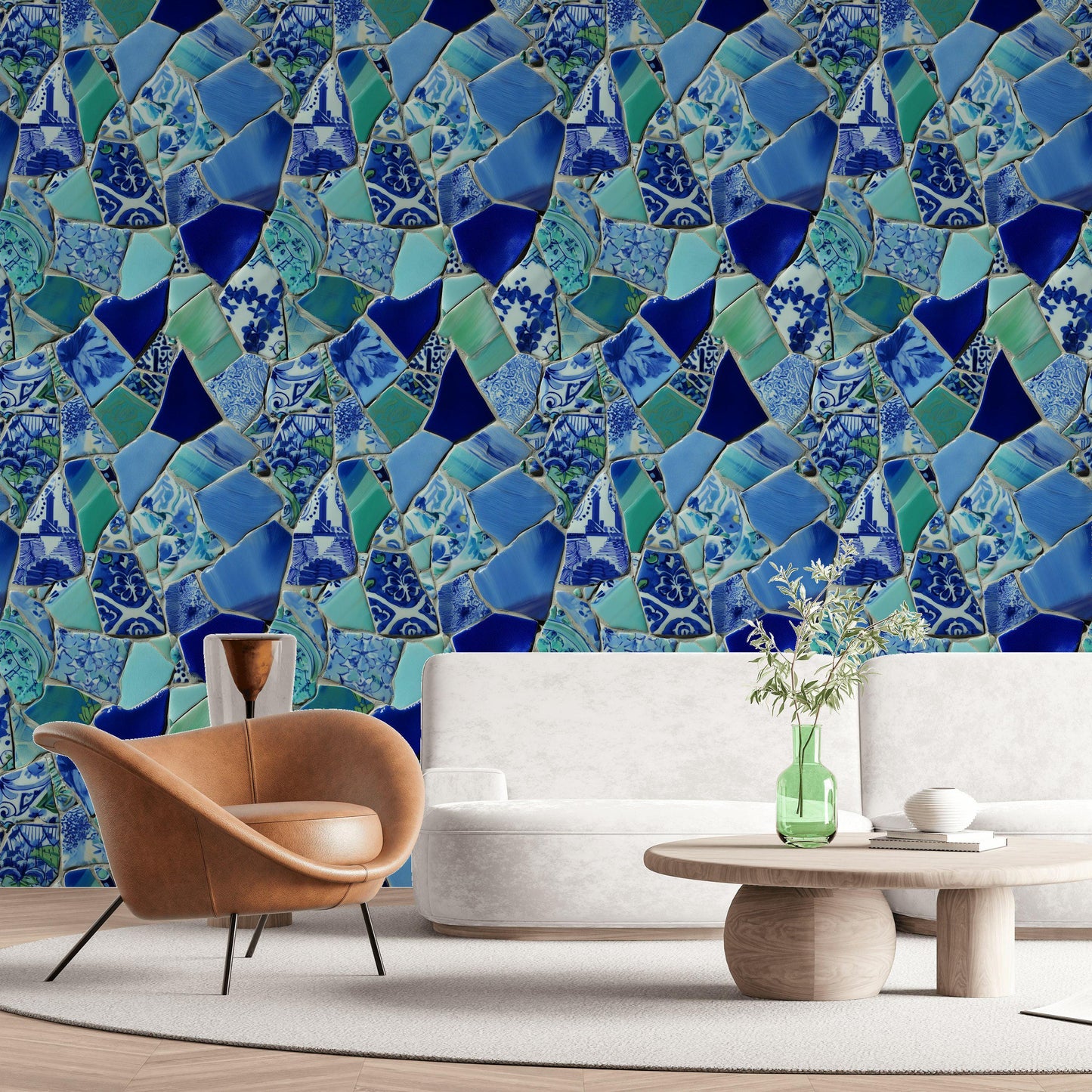 Blue Broken Ceramic Mosaic Wallpaper, Chinoiserie Porcelain Peel & Stick or Unpasted Vertical Wall Mural