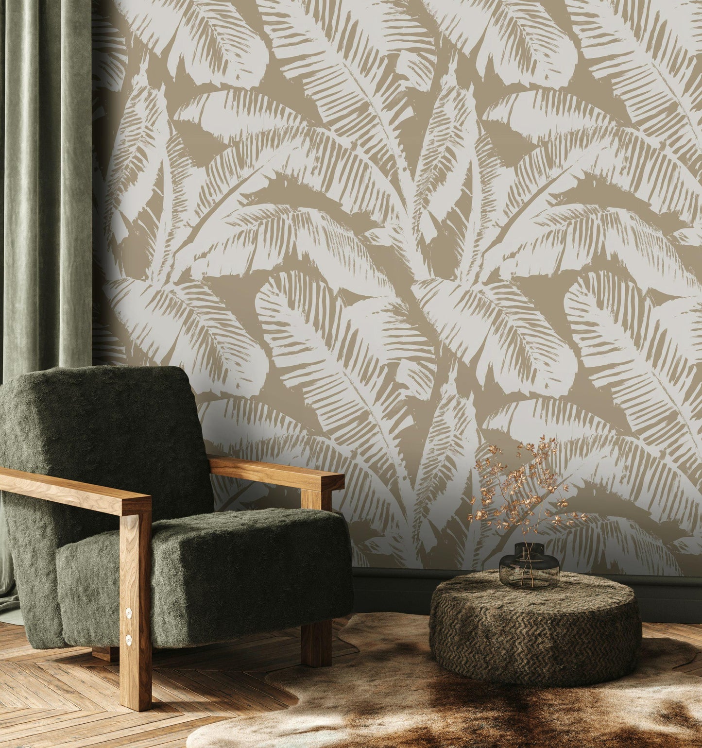 Minimalist Palm Leaf Wallpaper | Neutral Tropical Wall Mural | Beige Botanical Peel and Stick Decor
