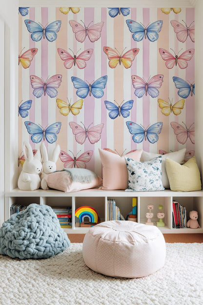 Watercolor Butterfly Wallpaper: Pastel Striped Peel and Stick Nursery Decor