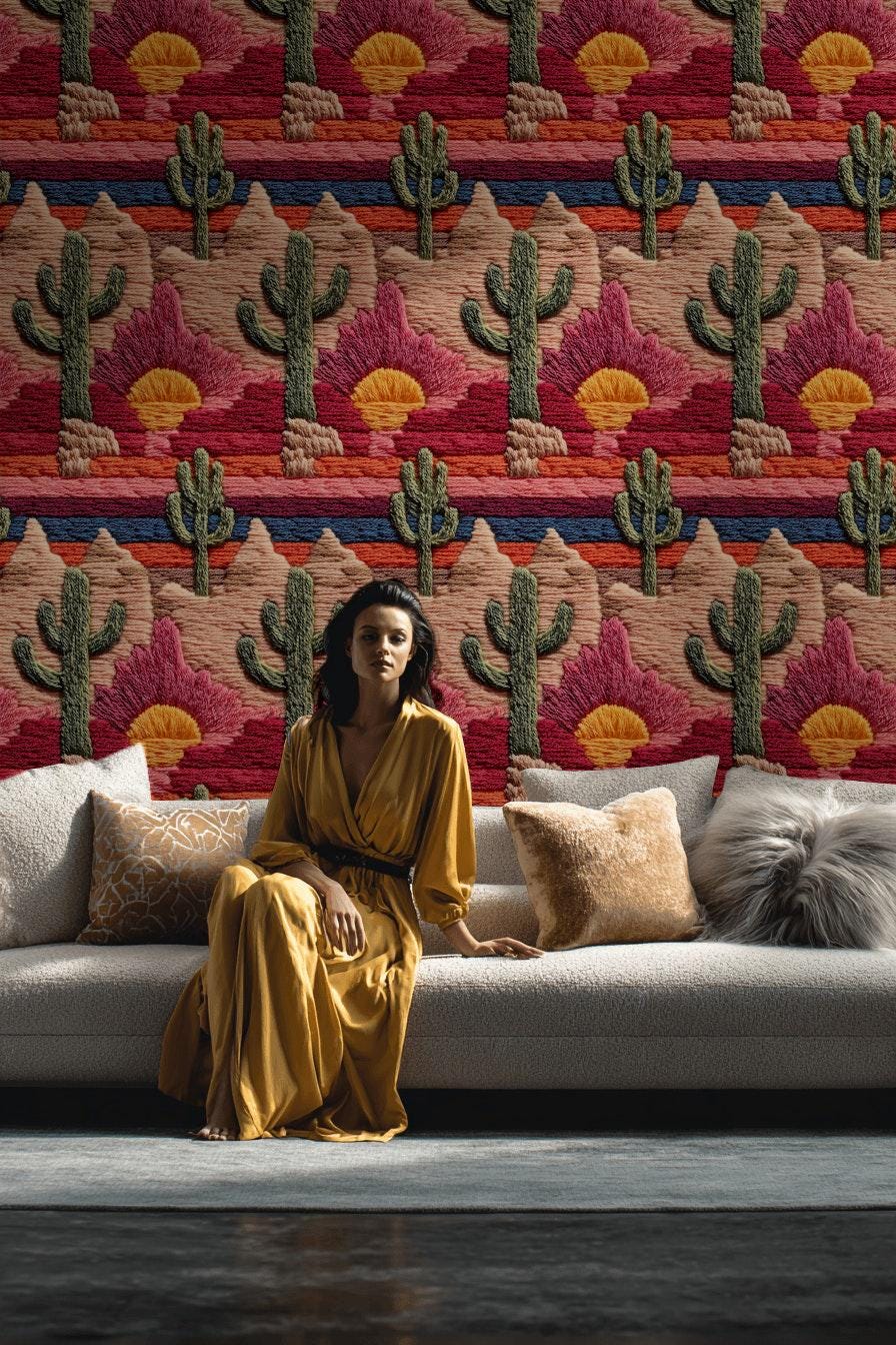 Embroidered Desert Landscape Wallpaper | Southwestern Wall Mural | Boho Peel and Stick Decor