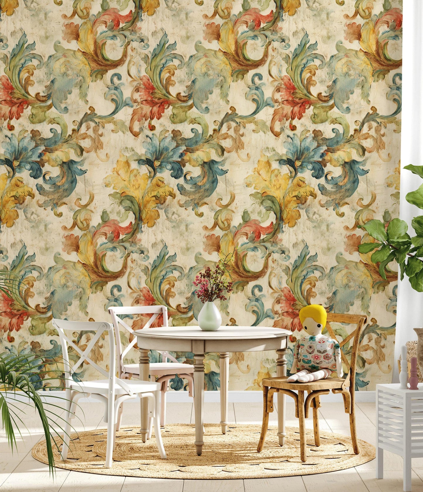 Baroque Scroll Wallpaper, Distressed Pastel Floral Mural, Peel & Stick or Unpasted Vintage Panel