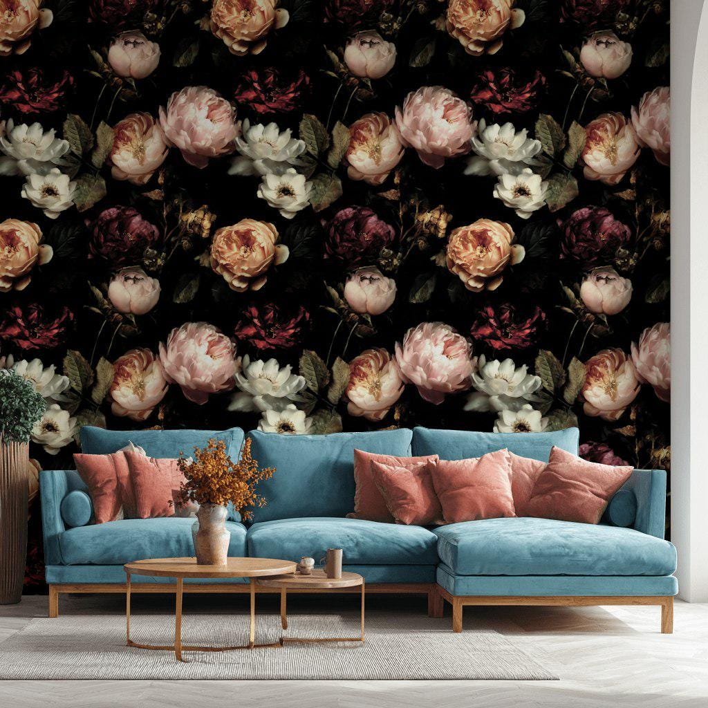 Dark Floral Wallpaper, Gothic Peony Rose Vertical Mural, Black Background Peel & Stick or Unpasted Panel