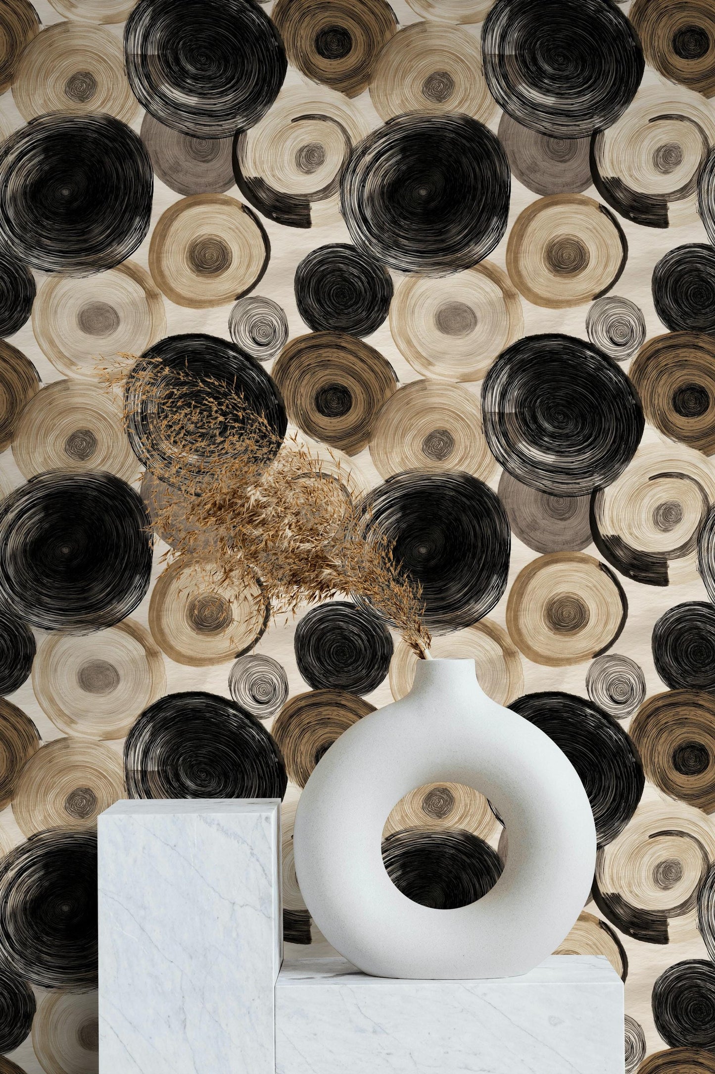 Abstract Swirl Wallpaper Mural: Black Espresso Circles, Hand-Painted Art (Peel & Stick or Unpasted)