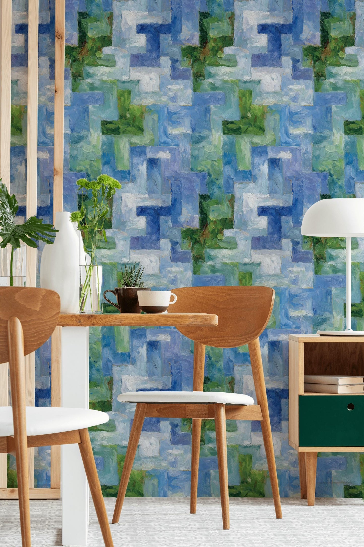 Monet Style Impressionist Mural, Textured Blue Green Block Wallpaper, Vertical Peel & Stick Art Panel